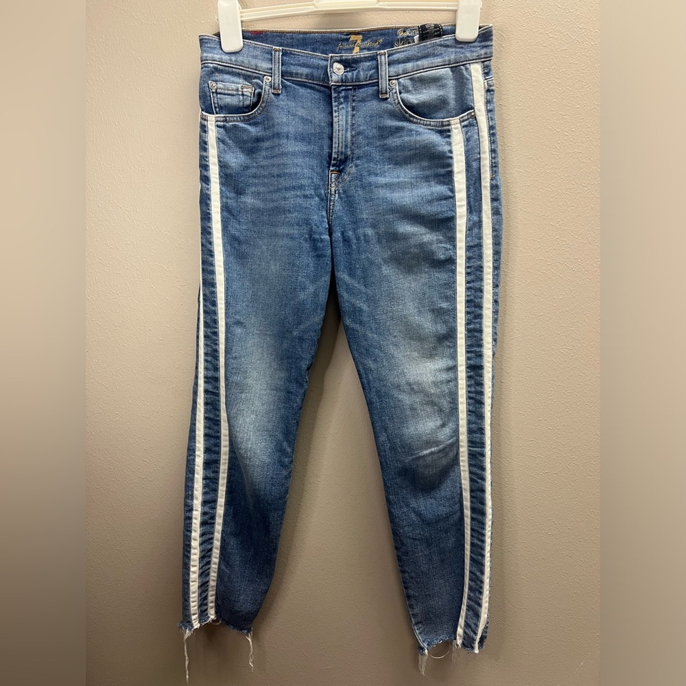 7 for All Mankind The Ankle Skinny Jean with White Stripes. Size 29